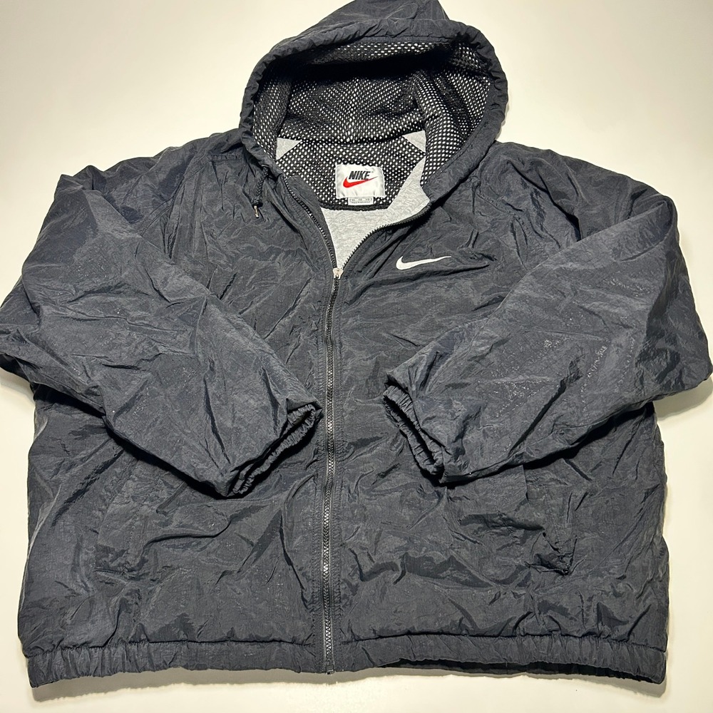 Vintage Nike Windbreaker Jacket Black Hooded Mesh Swoosh Back Mens XL 90s
